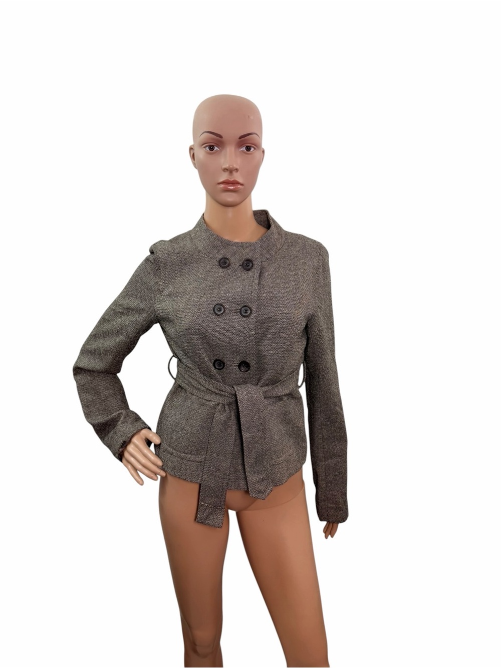 Ann Taylor Loft Petites Women's Size 4 Brown Belted Double Button Crop Jacket - Picture 2 of 6